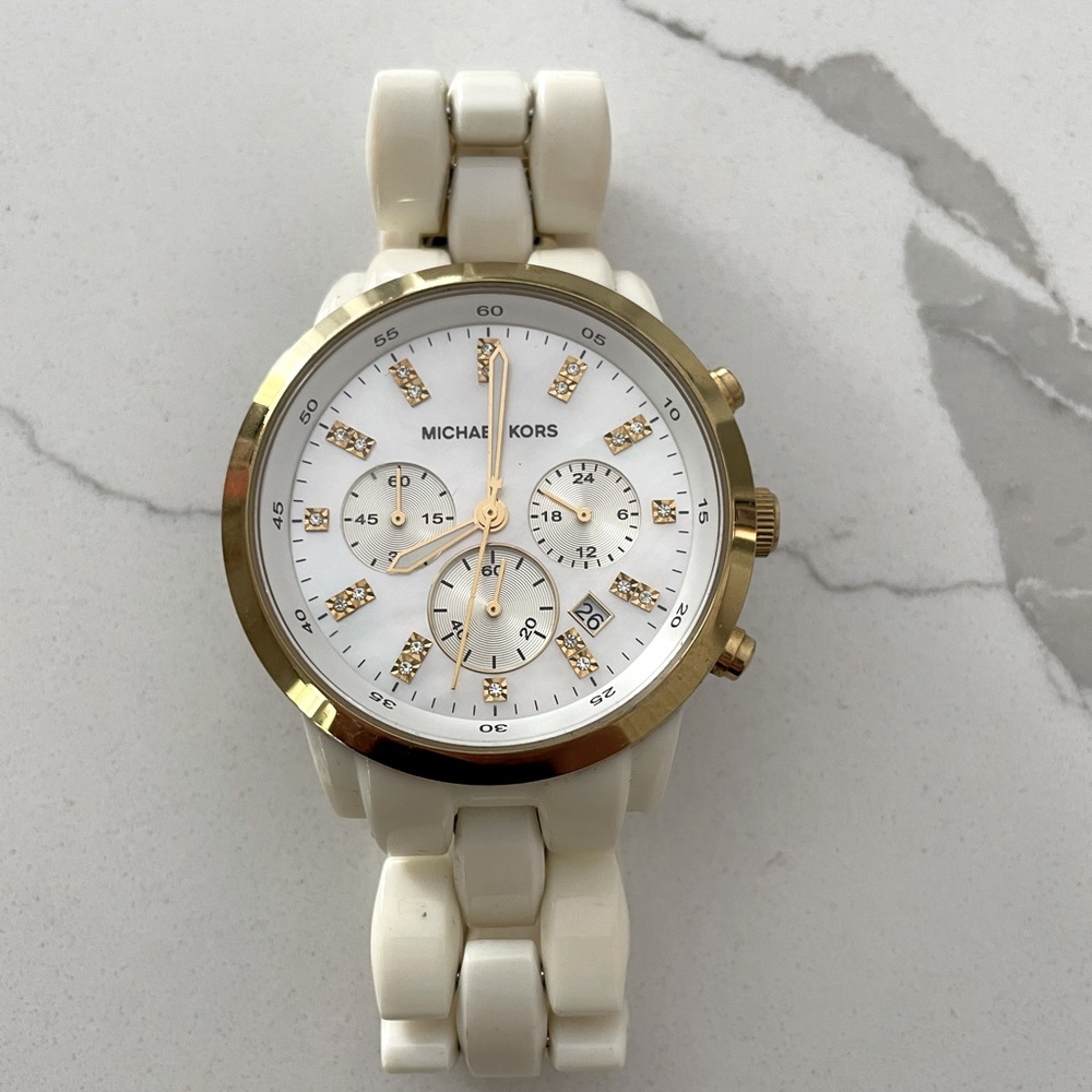 MICHAEL KORS WHITE SILICONE BAND+GOLD TONE DIAL+CHRONOGRAPH+DATE WATCH-MK5406